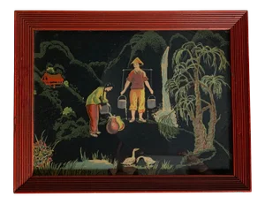 1950s Asian Figurative Landscape Print, Framed