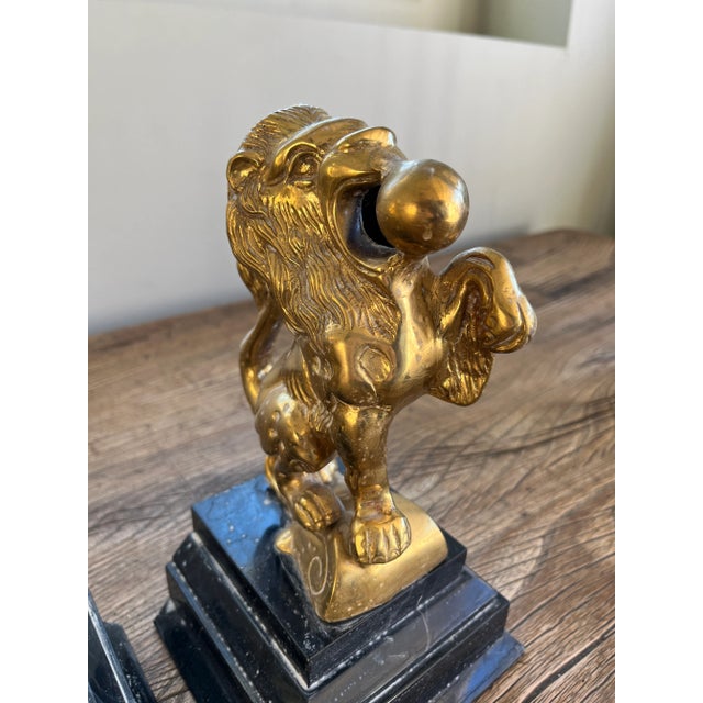 Vintage Mid Century Modern Art Deco Brass Lion Architectural Marble Bookends- Set of 2 For Sale - Image 6 of 7