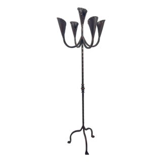 Hand Forged Iron Floor Candelabra 49″ (125cm) Antique Copper Patina 5-Arm Lily Cup Candle Holder Rustic Church Decor For Sale