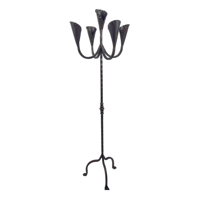 Hand Forged Iron Floor Candelabra 49″ (125cm) Antique Copper Patina 5-Arm Lily Cup Candle Holder Rustic Church Decor For Sale