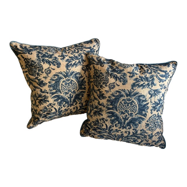 Pair Vintage Lauren Ralph Lauren Decorative Pillow Landing Damask Blue Scroll Design 18” X 18” For Sale