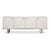 A long, low white-leather case rests above an iron base, giving the broad form an airy, architectural presence. Four flush...