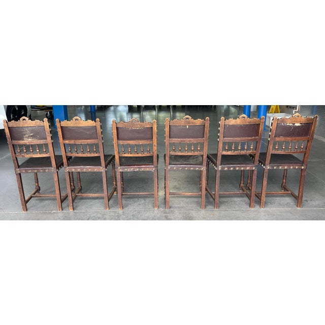 Brown Antique Spanish Revival Embossed Leather Dining Chairs, Set of 6 For Sale - Image 8 of 12