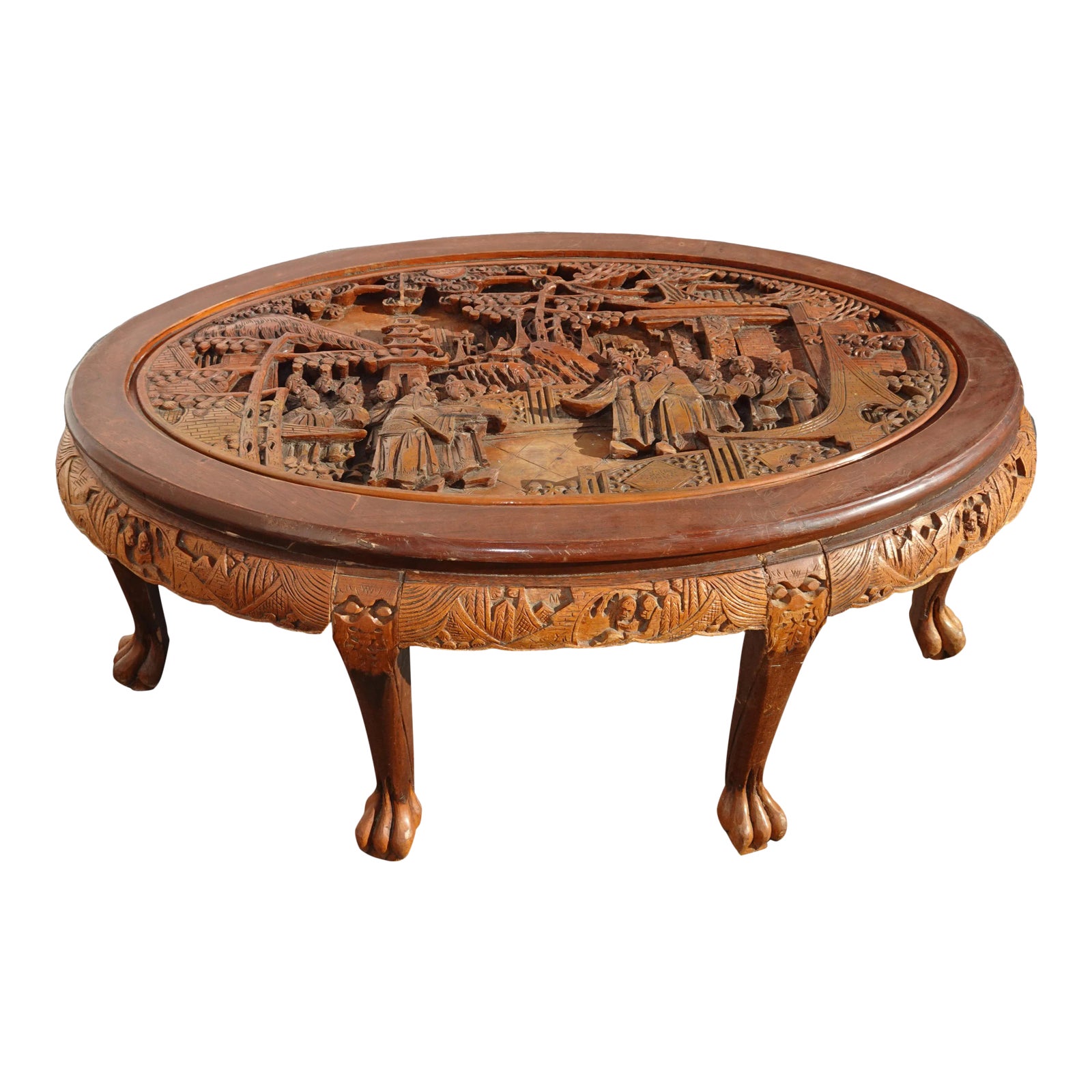 Vintage Oriental Asian Highly Carved Rustic Oval Coffee Table W Men in Village Chairish
