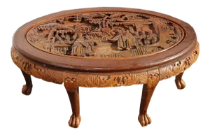Vintage Oriental Asian Highly Carved Rustic Oval Coffee Table W Men in Village
