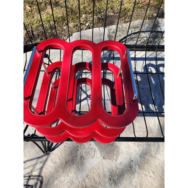 1970s 1970s Mid Century Modern Authentic Swing Design Italy Red Leather & Chrome Wine Rack –6-Bottle For Sale - Image 5 of 16