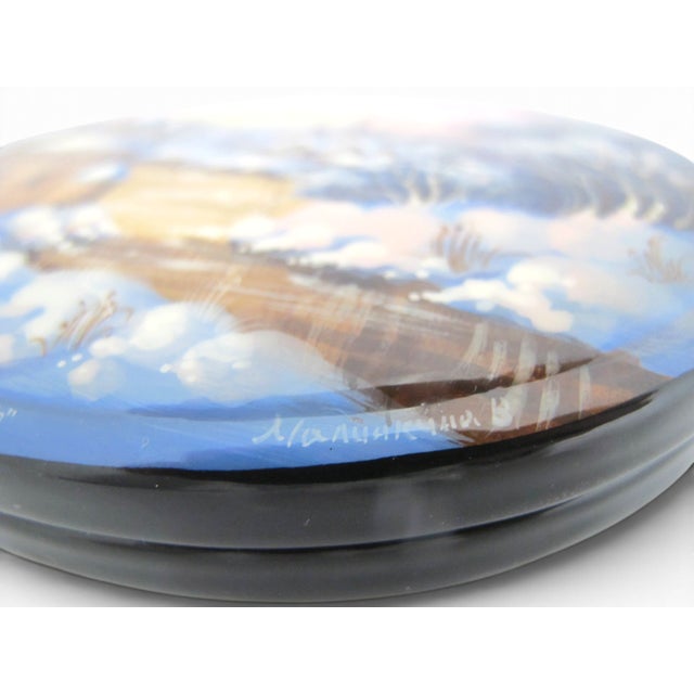 Russian Fedoskino Hand Painted Winter Suzdal Lacquer Mother of Pearl Box Signed For Sale - Image 9 of 10