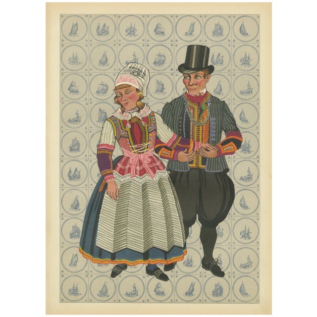 Dutch Folk Couple in Vibrant Marriage Dress from Marken, 1932, Paper For Sale
