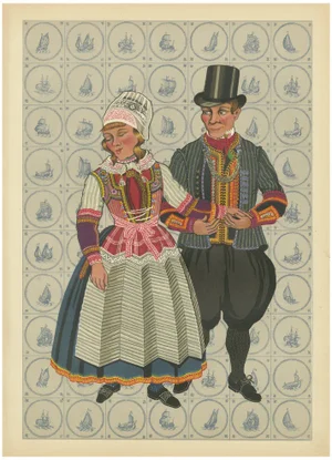 Dutch Folk Couple in Vibrant Marriage Dress from Marken, 1932, Paper
