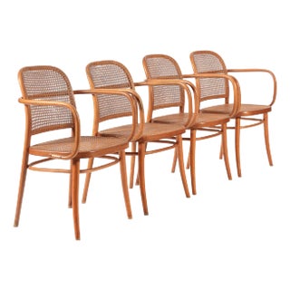 1960s Vintage Bent Wood & Wicker Cafe Chairs by Josef Hoffman for Ligna - Set of 4 For Sale