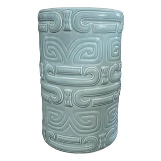 Vintage Italian Turquoise Ceramic Cylindrical Accent Stool or Side Table For Sale