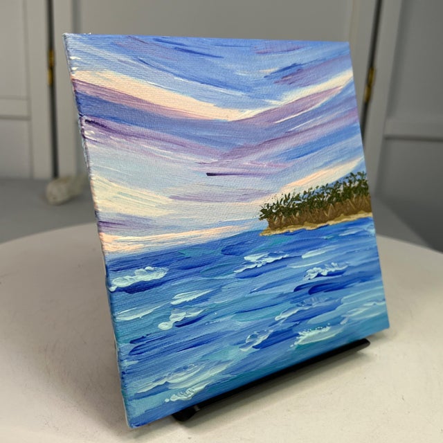 Contemporary Wish You Were Here 6x6 Acrylic Painting Tropical Ocean Scene Original Wall Art For Sale - Image 3 of 6