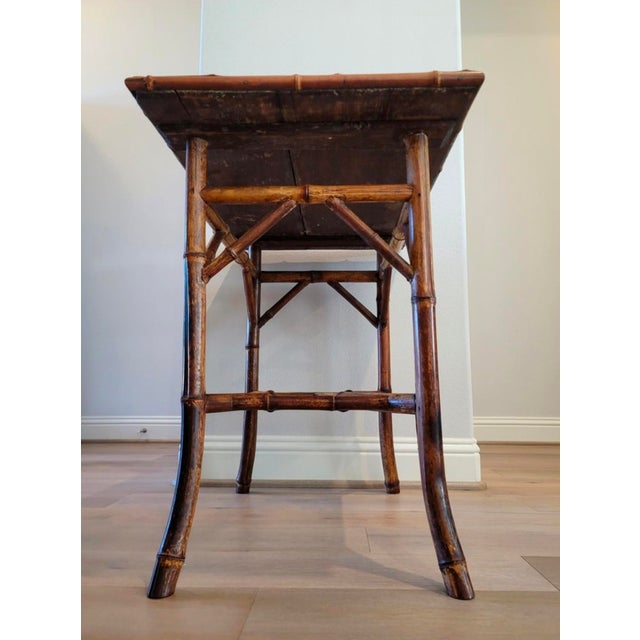 19th Century Victorian Era Chinoiserie Japonism Bamboo Burgundy Red Ceramic Tiled Tray Table For Sale - Image 12 of 17