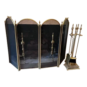 Vintage Brass Fireplace Screen, Andirons & Tool Set- 8 Pieces