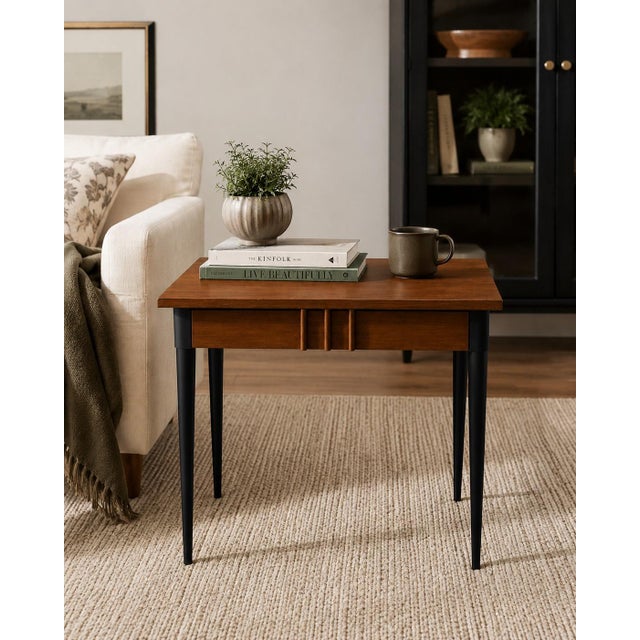 Mid-Century Modern 1950s Refinished Mid-Century Modern Walnut Veneer Writing Desk / Accent Table With Sculpted Drawer Pulls For Sale - Image 3 of 7