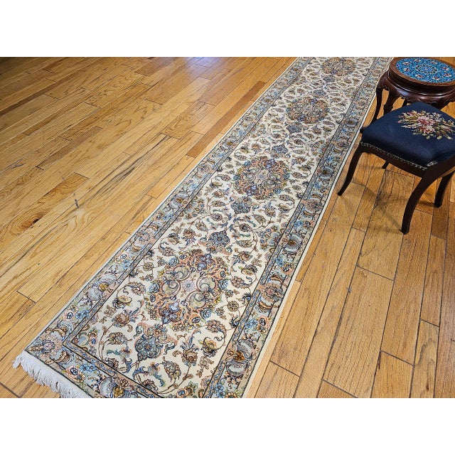 Fine Tabriz Runner, Hand-Knotted Wool & Silk, Floral Medallion Pattern, Ivory & Pale Sage, 3x13 For Sale - Image 4 of 15