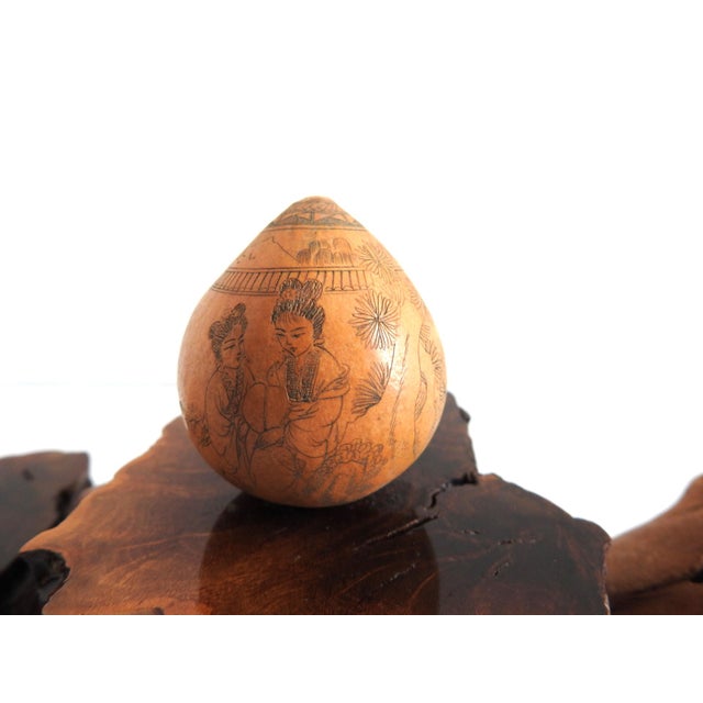 Mid-Century Organic Burl Wood Pedestal Stand & Fine Etched Pyrography Gourds - Set of 3 For Sale - Image 4 of 18