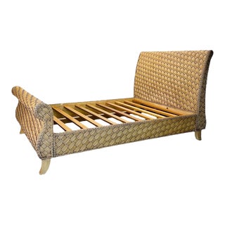 Vintage Woven Rattan Queen Sleigh Bed For Sale