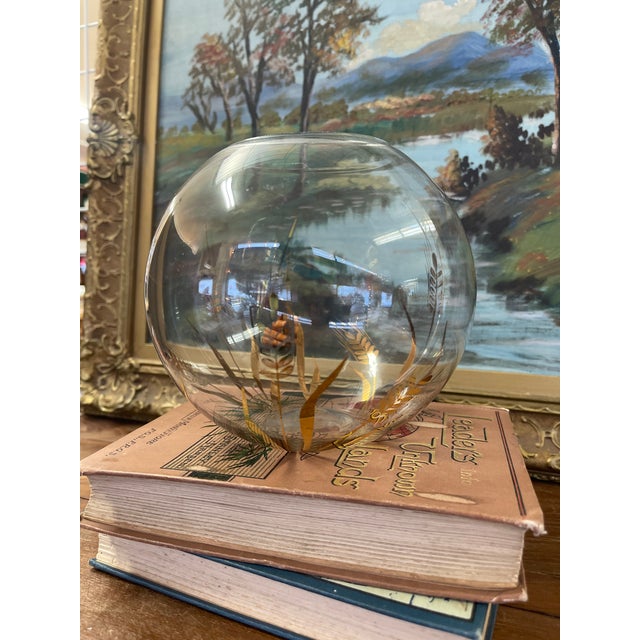 1970s Vintage Spherical Glass Vase With Gilded Botanical Motif For Sale - Image 5 of 10