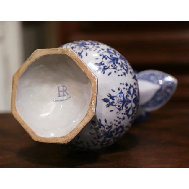 19th Century French Hand Painted Blue and White Faience Ewer Signed Hr Quimper For Sale - Image 10 of 12