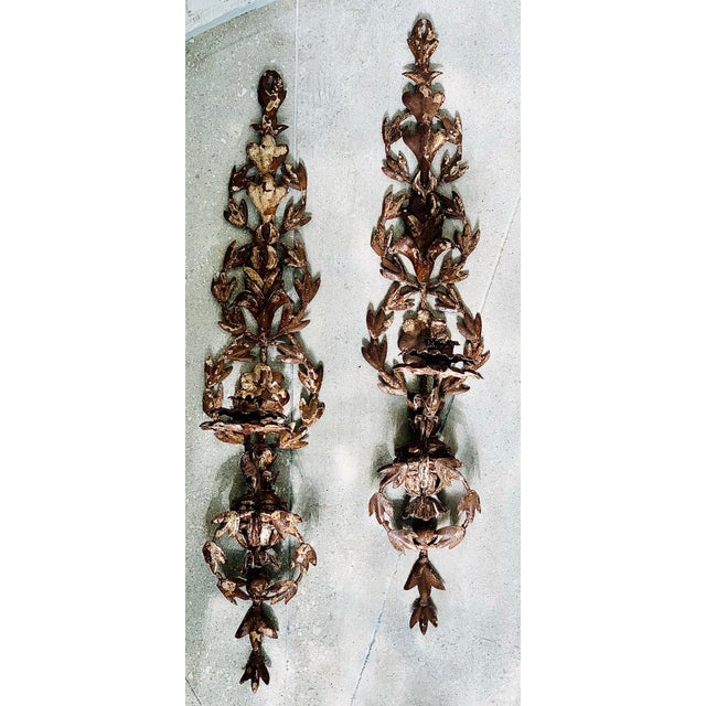 A Pair of Late 20th Century Vintage Decorative French Provincial Iron Botanical Candle Sconces Light With Chippy Paint...