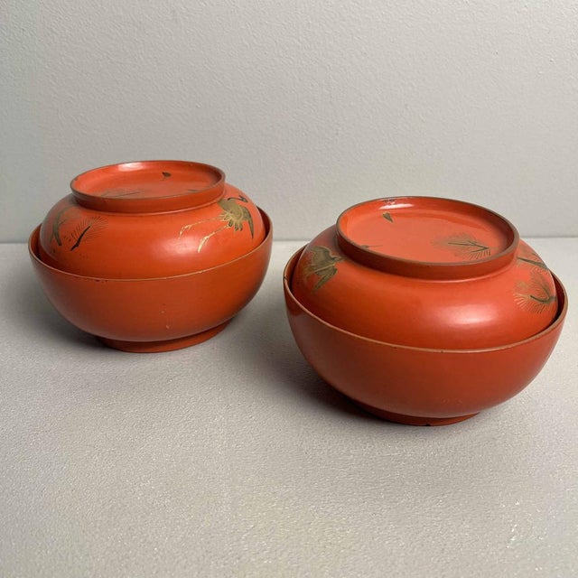 Urushi Rice Bowls with Maki-E Crane Motif, Japan, Set of 2 For Sale - Image 15 of 16