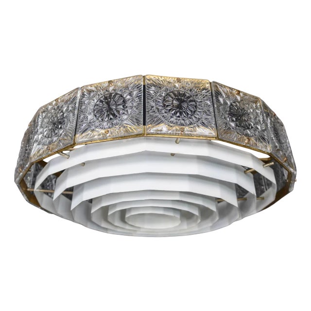 Mid-Century Modern Patinated Brass and Bohemian Glass Chandelier, 1970s For Sale