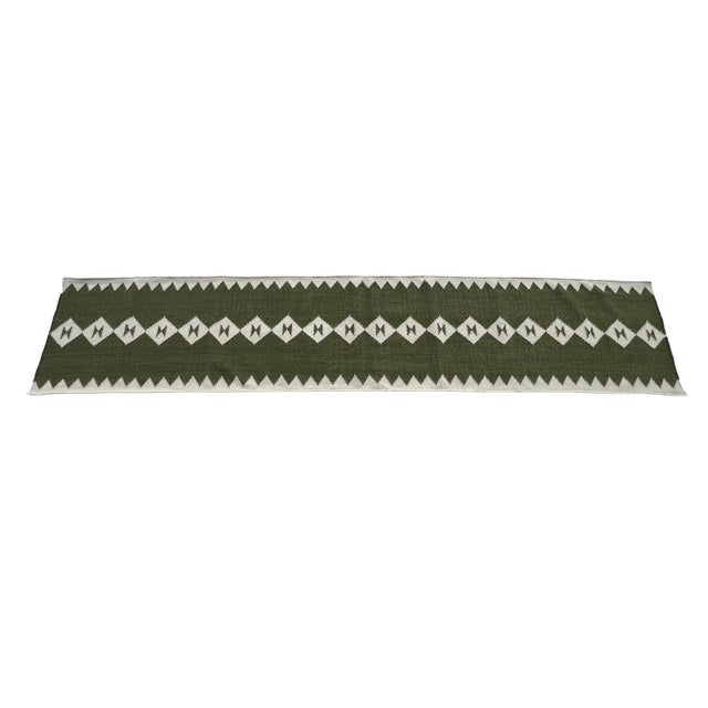 Casa Cosima Handmade New Zealand Wool Dhurrie Runner, Olive Green and Cream Geometric Runner Rug- 2'x10' For Sale - Image 4 of 12