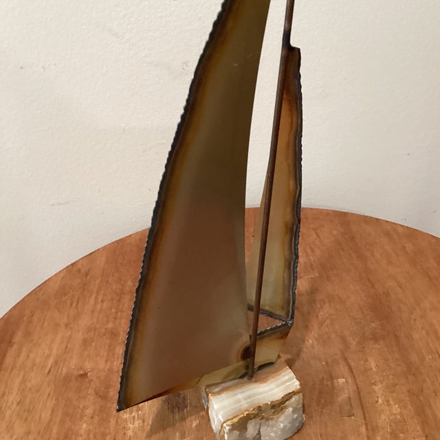 Mid-Century Modern Brass & Copper Sailboat Sculpture on the Stone Base by Curtis Jare Circa1960 For Sale - Image 12 of 12