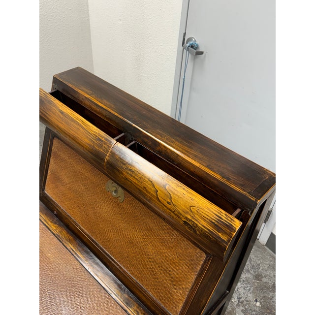 Early 20th Century Asian Wooden Storage Bench + Cane Panels, Vintage For Sale - Image 5 of 12