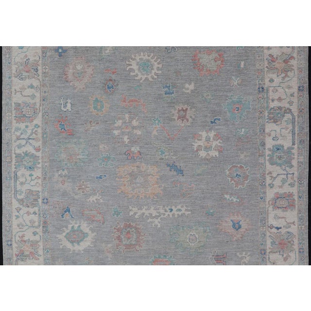 All Over Modern Floral Oushak With a Light Blue-Gray Field and Border With Color For Sale - Image 4 of 12