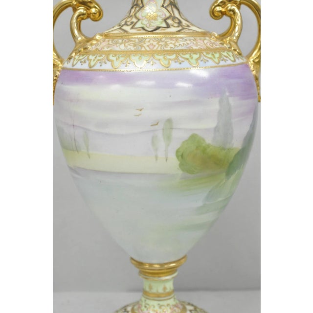 Antique Nippon Hand Painted Cottage Lake Porcelain Twin Handle Bolted Urn Vase For Sale - Image 13 of 17
