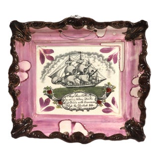 Sunderland Luster Maritime Pottery Plaque, "May Peace and Plenty on Our Nation Smite...." For Sale
