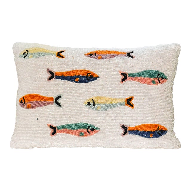 Palm Beach Preppy Beaded Sardine Fish Lumbar Accent Pillow For Sale