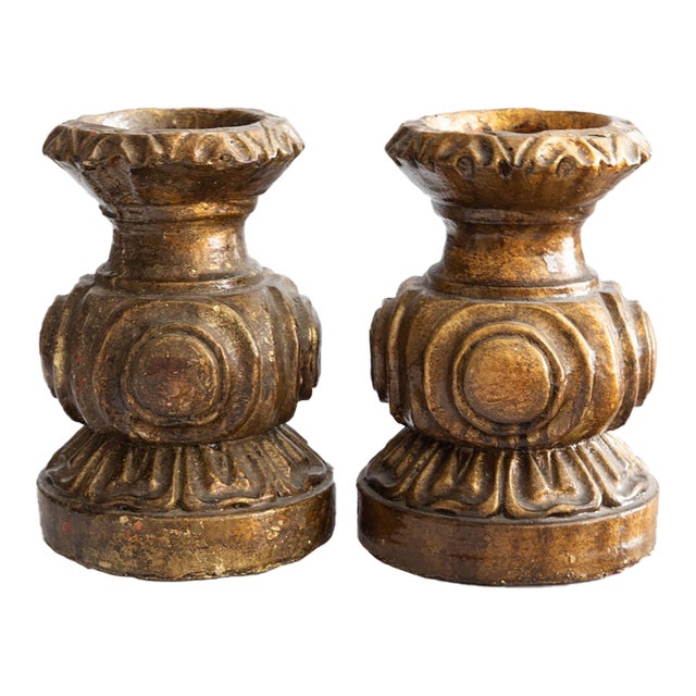 Vintage Italian Gilt Pillar Candle Holders Candlesticks - A Pair For Sale