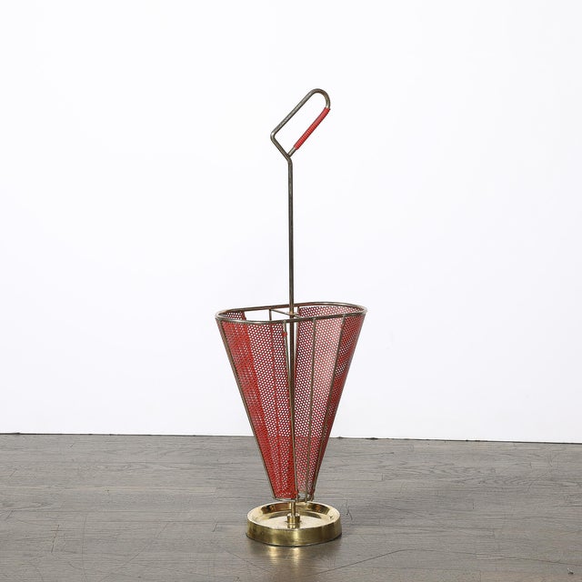 Metal Mid-Century Modernist Sculptural Brass & Carnelian Red Enamel Umbrella Stand For Sale - Image 7 of 18