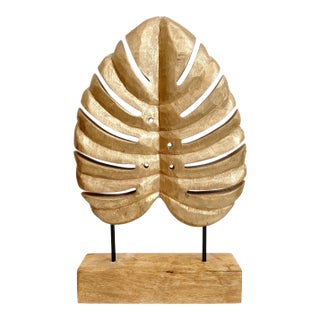 Large Carved Wood Monstera Leaf Sculpture With Gold Paint For Sale