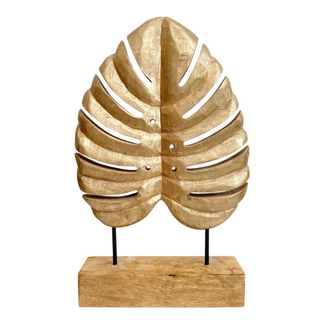 Large Carved Wood Monstera Leaf Sculpture With Gold Paint For Sale