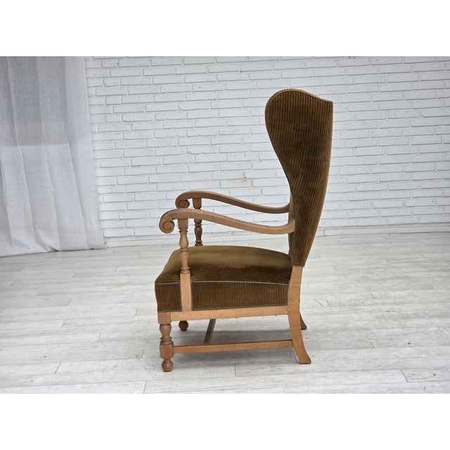 Scandinavian Wingback in Corduroy and Carved Oak, 1970s For Sale - Image 17 of 18