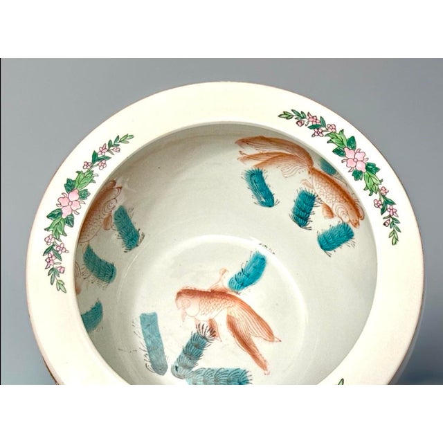 Rose Mid 20th Century Famille Rose Fishbowl Planter With Hand‑Painted Koi For Sale - Image 8 of 10