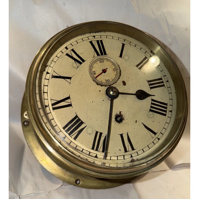 English Antique English Ships Clock in Brass Case For Sale - Image 3 of 12