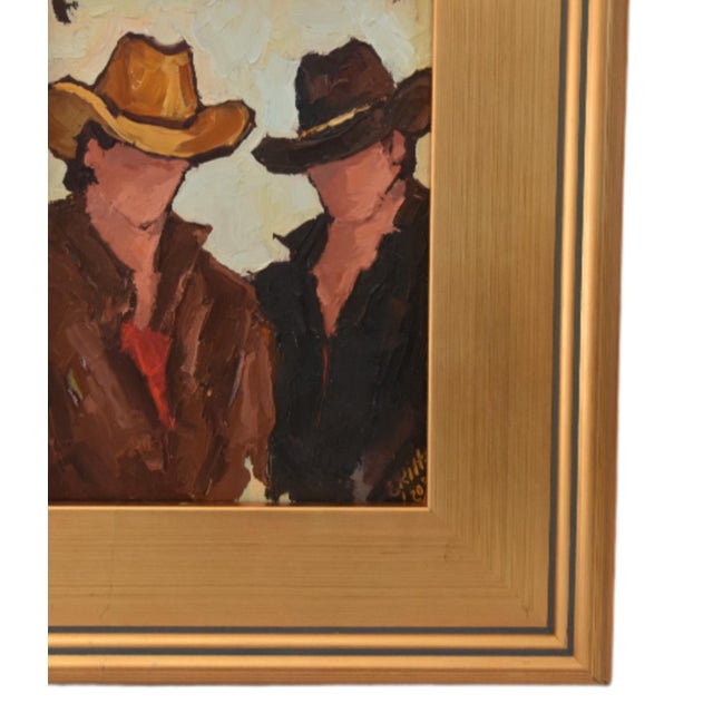 Impressionist Western Cowboys Portrait Painting Including the Antiqued Gold Wood Frame For Sale - Image 4 of 6