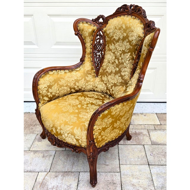 Victorian Rococo Revival Carved Bird Crest Music Room Wingback Armchair For Sale - Image 15 of 18