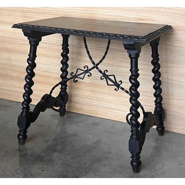 19th Spanish Side Table with Cared Turned Legs and Iron Stretcher For Sale - Image 4 of 18