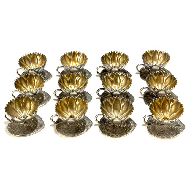Silver 12 American Aesthetic Movement Meriden Silverplate & Goldwashed Lotus Open Salts For Sale - Image 8 of 18