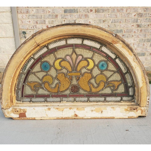 19th Century Victorian Era Architectural Salvaged Stained Glass Panel Transom Fanlight Window in Original Arched Wooden Frame For Sale - Image 11 of 13