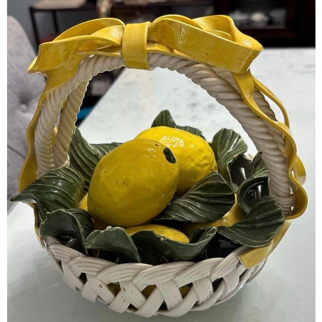 1950s Vintage Italian Majolica Ceramic Lemon Basket With Bow & Woven Handle For Sale - Image 5 of 7