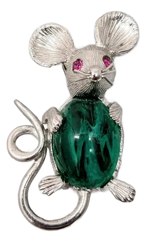 Vintage Signed Napier Rhodium Plated Faux-Flawed Emerald Jelly Belly Mouse Brooch, 1965