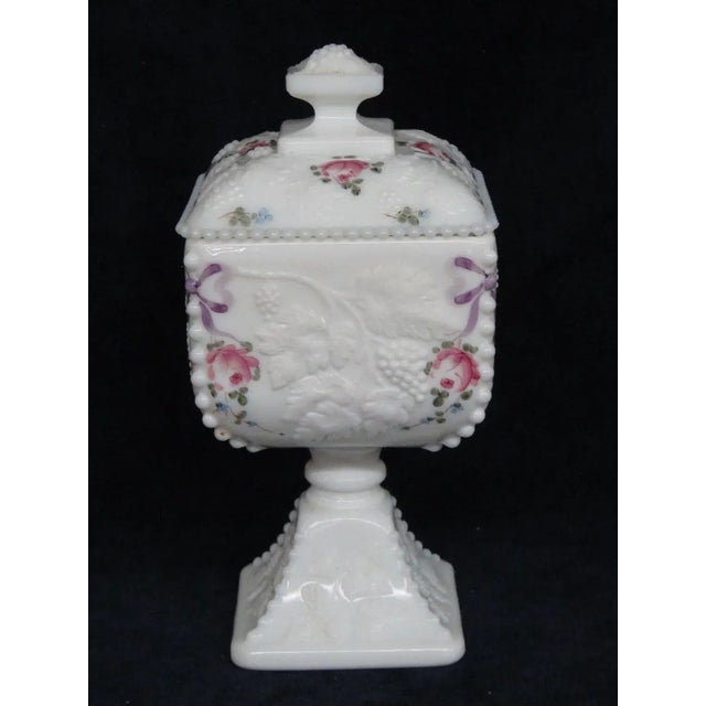Traditional Westmoreland Milk Glass Beaded Edge Square Grape Pedestal Candy Bowl For Sale - Image 3 of 11