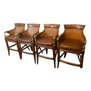 Traditional Ethan Allen Wood & Leather Bar Stools - Set of 4 For Sale